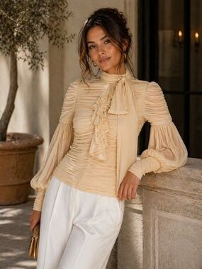 Zimmermann Pale Beige Ruffled Tie-Neck Long Celestial Ruched Long Sleeve Blouse